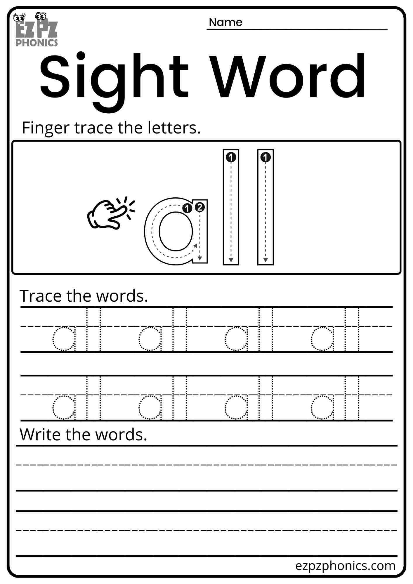 "All" Dolch Kindergarten Sight Word Trace and Write Worksheet PDF Download